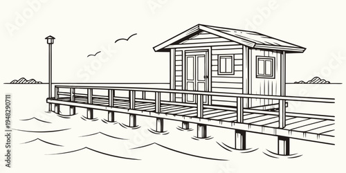 a small wooden house on a pier over the water Vector