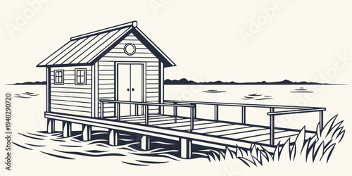 a small wooden house on stilts over the water Vector