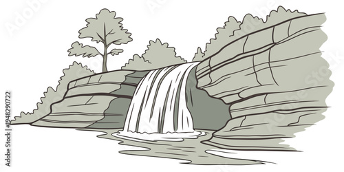 a waterfall cascading down a rocky slope with a tree Vector