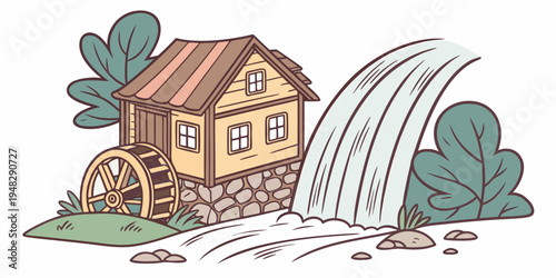a cartoon house with a water wheel and a stream Vector