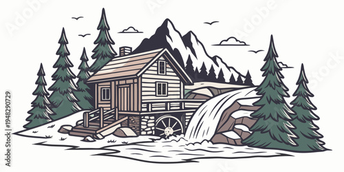 a house on a bridge over a waterfall in a snowy landscape Vector