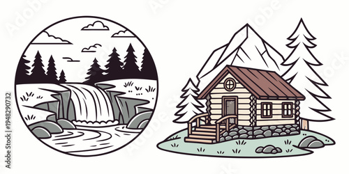 a log cabin with a red roof and mountains Vector