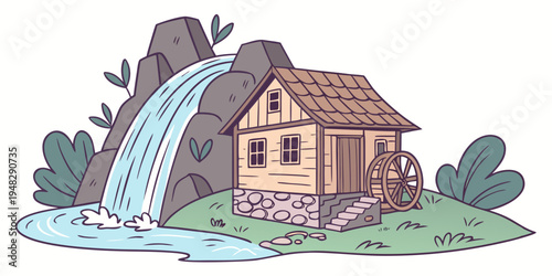 a small house next to a waterfall Vector