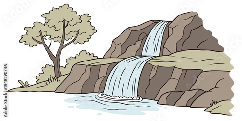 a waterfall cascading down a rocky cliffside Vector