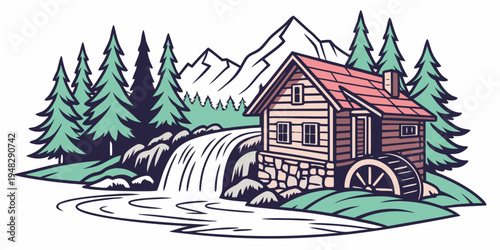 a small wooden house with a red roof near a waterfall Vector