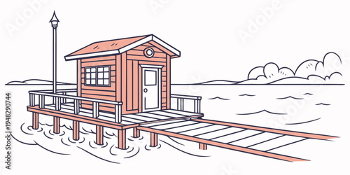 a small red train station with a wooden platform Vector