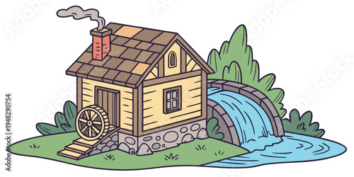 a small yellow house with a brown roof and a stream Vector