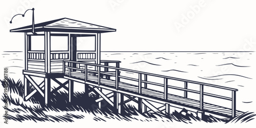 a small wooden lifeguard house on a beach Vector
