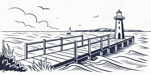 a black and white drawing of a lighthouse on a pier Vector