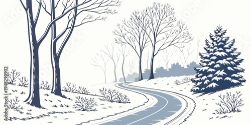 a snowy road with trees on a winter day Vector