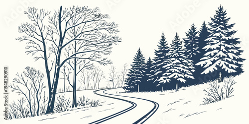 a snowy road with trees on a hillside Vector