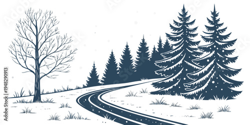 a snowy road with pine trees and a bare tree Vector