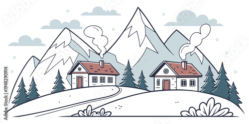 two houses on a snowy hill with mountains Vector