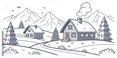 a house in the mountains with snow on the roof Vector