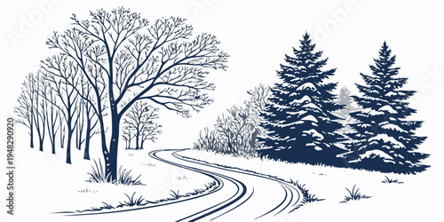 a snowy road with trees on a winter day Vector