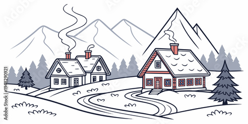 snowy houses in the mountains with trees and smoke coming out of chimneys Vector