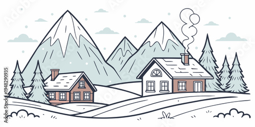 a snowy mountain landscape with two houses Vector