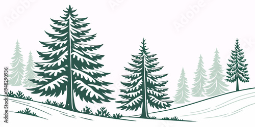 a group of pine trees on a snowy hill Vector