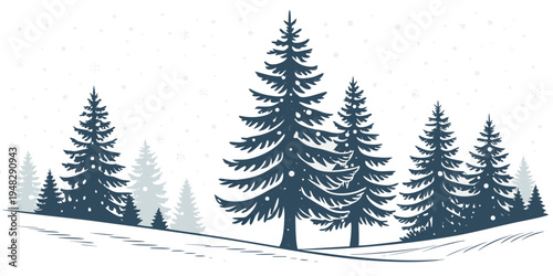 a group of pine trees on a snowy hill Vector