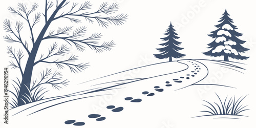 a snowy path with footprints and trees Vector