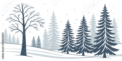 a snowy forest with pine trees and a bare tree Vector