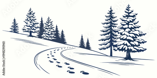 a snowy road with tire tracks and evergreen trees Vector