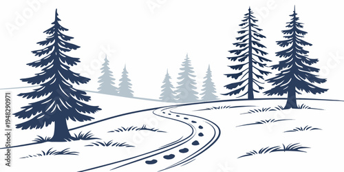 a snowy landscape with a winding path and evergreen trees Vector