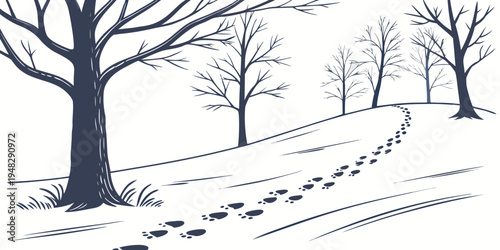 a snowy landscape with bare trees and footprints Vector