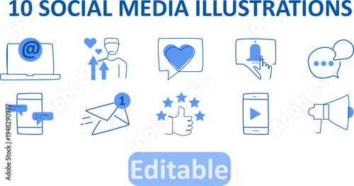 A collection of 10 minimal vector illustration icons on transparent background for communication, engagement and digital marketing, made for modern web design or app interfaces