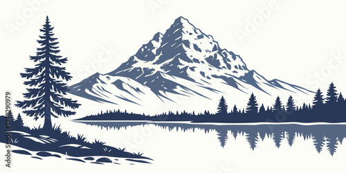 a mountain landscape with a pine tree and a lake Vector