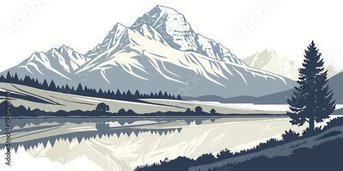 a serene mountain landscape with a lake and tree Vector