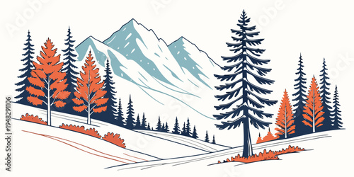 a mountain landscape with snow and trees in autumn colors Vector