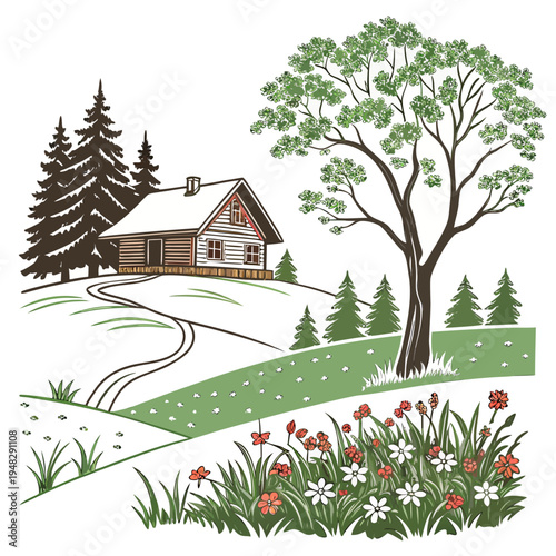 a house on a snowy hill with a tree and flowers Vector