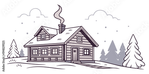 a house with snow on the roof and trees Vector