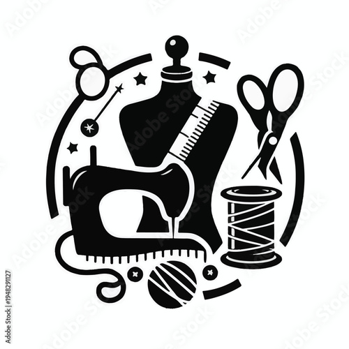 Black and white illustration of sewing equipment and tailor's dummy with stars sewing machine scissors