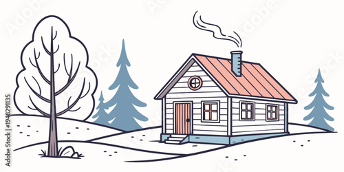 a small house with a red roof and a tree in a snowy landscape Vector