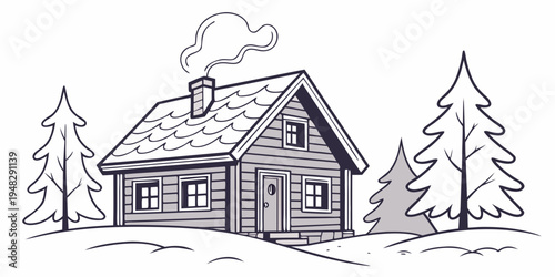 a small house with a snow covered roof and trees Vector