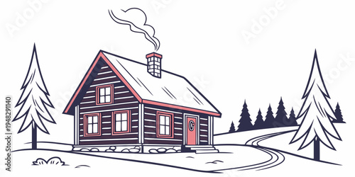 a small log cabin in a snowy landscape Vector