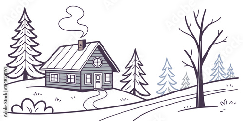 a house in the snow with trees and smoke coming out of the chimney Vector
