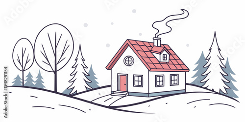 a small house with a red roof and smoke coming out of the chimney Vector