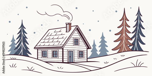 a house in the snow with trees and smoke coming out of the chimney Vector