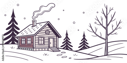 a house in the snow with trees and smoke coming out of the chimney Vector