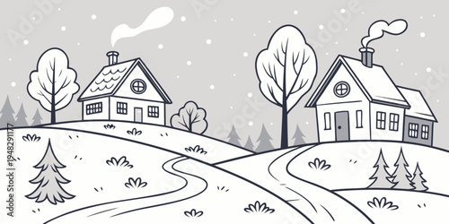 a snowy landscape with two houses and trees Vector