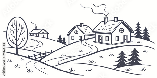 a house on a hill with trees and a road Vector