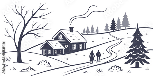a house on a snowy hill with a tree and people Vector