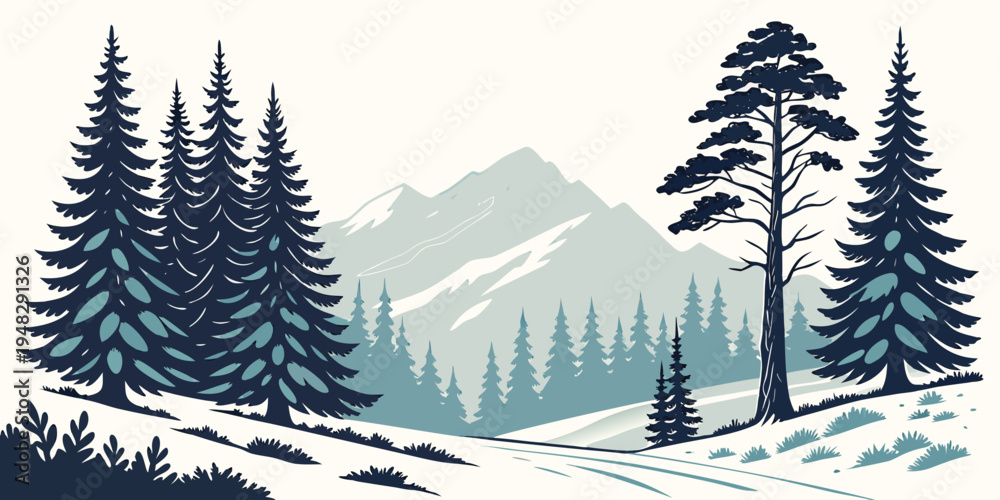 Fototapeta premium snowy mountain landscape with pine trees Vector