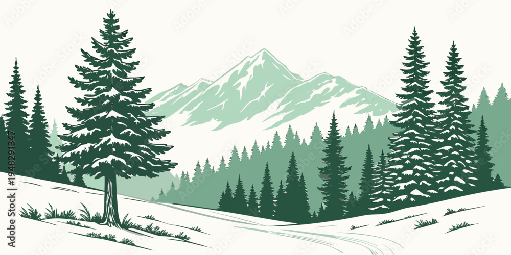 Fototapeta premium a serene winter landscape with pine trees and mountains Vector