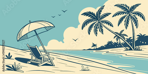 a beach scene with a chair and umbrella Vector
