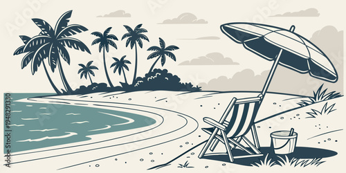 a beach scene with palm trees and a beach chair Vector