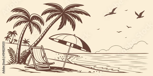 a beach scene with palm trees and a beach umbrella Vector